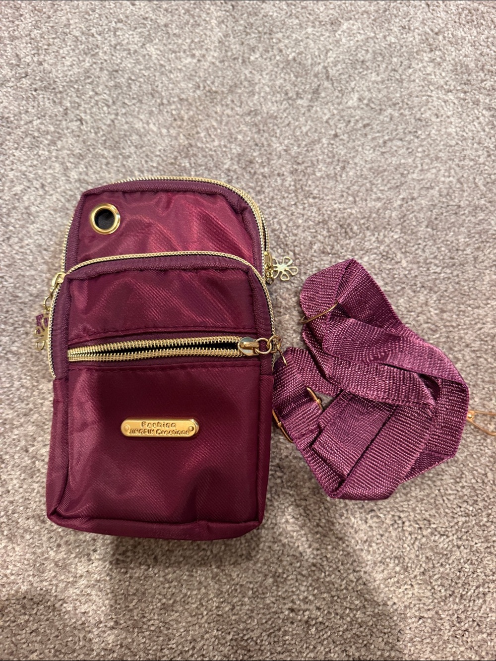 Fashion Crossbody Phone Bag in Burgundy with Gold Hardware